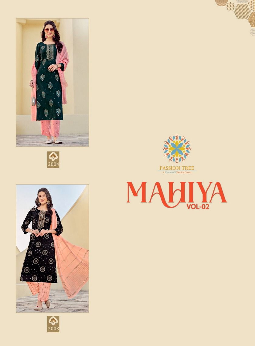Mahiya Vol 2 By Passion Tree Rayon Gold Printed Kurti With Bottom Dupatta Wholesale Online